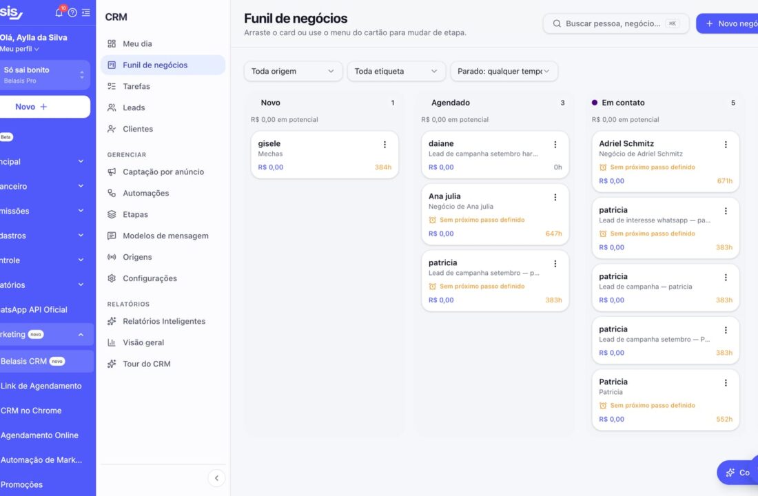 Belasis integra CRM à plataforma e leva funil de vendas a salões e clínicas