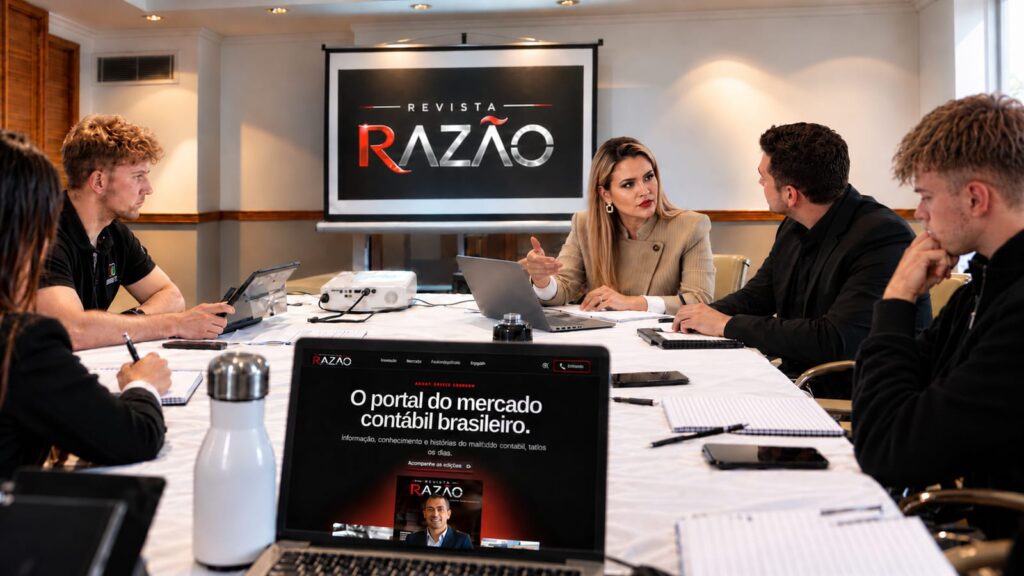 Identidade visual da Revista Razão em ambiente corporativo, com o Portal Razão em destaque.